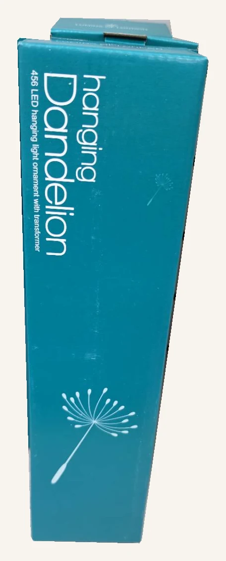 The actual complete teal retail box for the gold Hanging Dandelion light, with its original printing preserved.