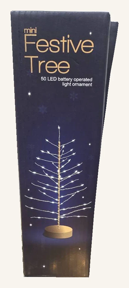 The actual complete navy retail box for the gold Mini Festive Tree light with its original tree illustration and 50 LED wording.