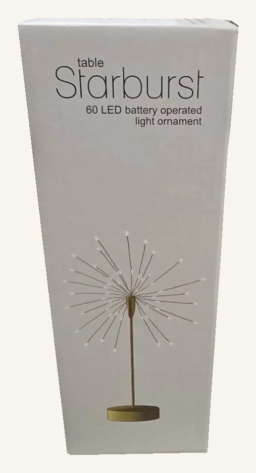The actual complete white retail box for the gold table Starburst light with the original 60 LED battery-operated wording and product illustration.