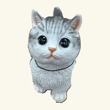 Sitting gray tabby kitten figurine with a neck cord.