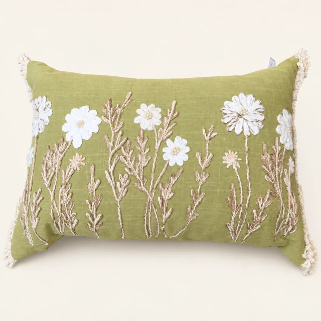 Green Embroidered Floral Pillow