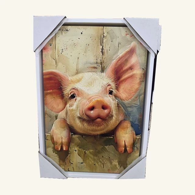 Happy Pink Pig. A smiling pink pig rests over a rustic ledge in this cheerful framed animal portrait.