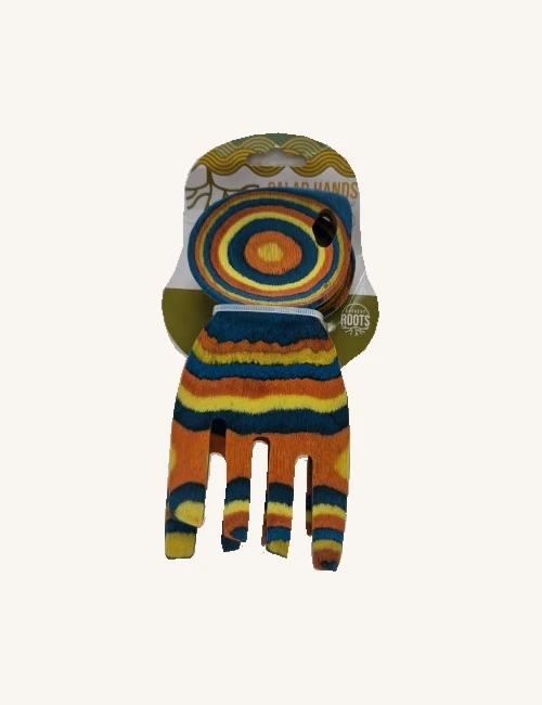 Horizon six-inch wooden salad-hand pair stacked on its original printed card with securing ties and blue, yellow, orange and red grain