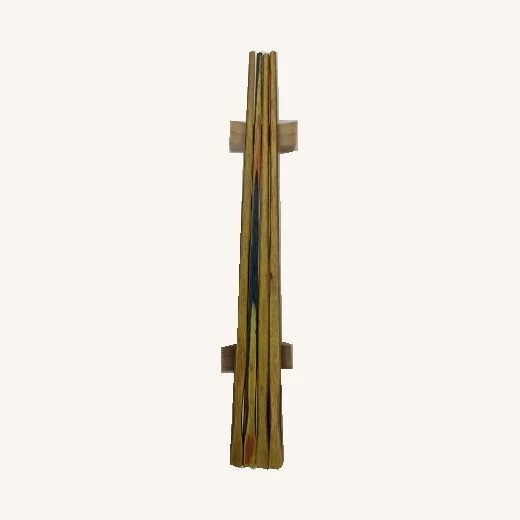 Four golden-yellow Horizon chopsticks with blue and green grain-like streaks and both rests retained behind them