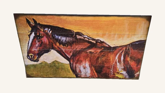 Horse in the Sunset Glow wood sign showing a brown horse with a white blaze against a warm sunset background.