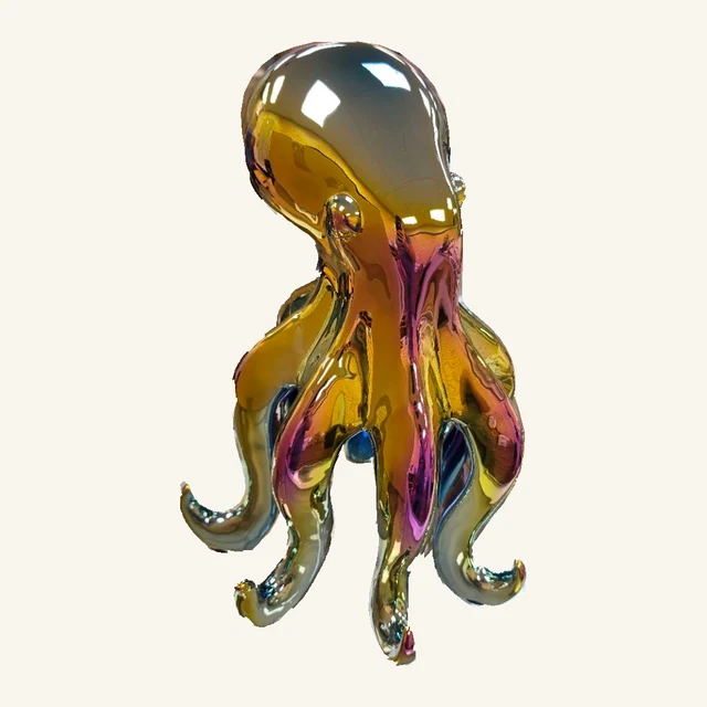 Glossy rainbow-iridescent octopus sculpture with a tall rounded head and complete gold, pink and blue curling tentacles