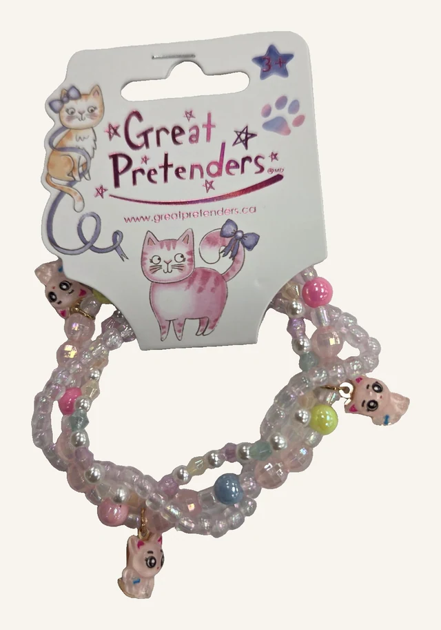 Actual layered Kitten Caboodle bracelet with pastel and clear beads and three kitten charms