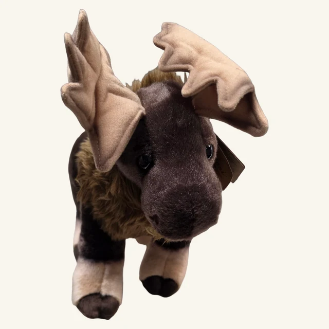Actual brown moose plush with complete tan antlers, shaggy mane, photographed feet and original attached paper tag