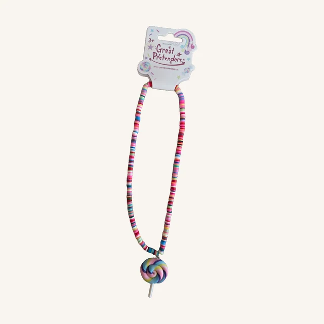 Photographed lollipop example of the assorted Lollypop/Rainbow necklace, with a colorful beaded strand, swirled lollipop pendant and complete retail card.