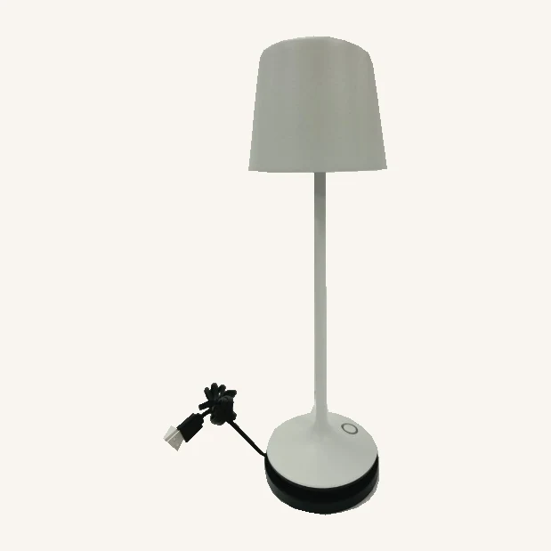 White Luna rechargeable table light with a rounded shade, touch-control ring and black base ring; actual charging cable retained