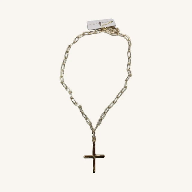 Maggie gold-tone cross pendant necklace with its original paperclip links, clasp and attached tag