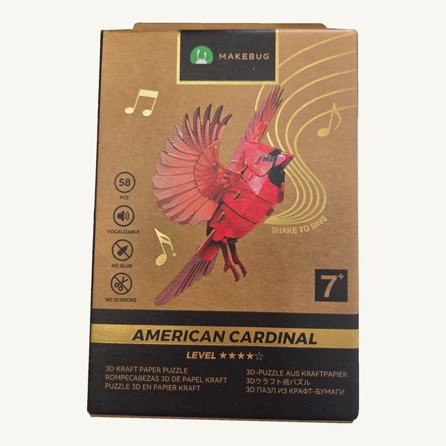 Retail box of the Makebug American Cardinal 58-piece 3D paper puzzle kit