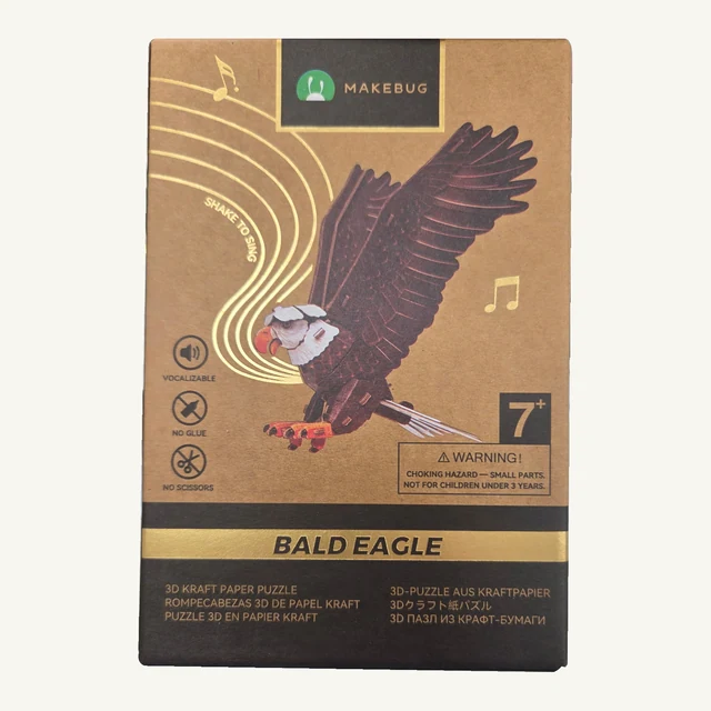 Retail box of the Makebug Bald Eagle 3D puzzle kit