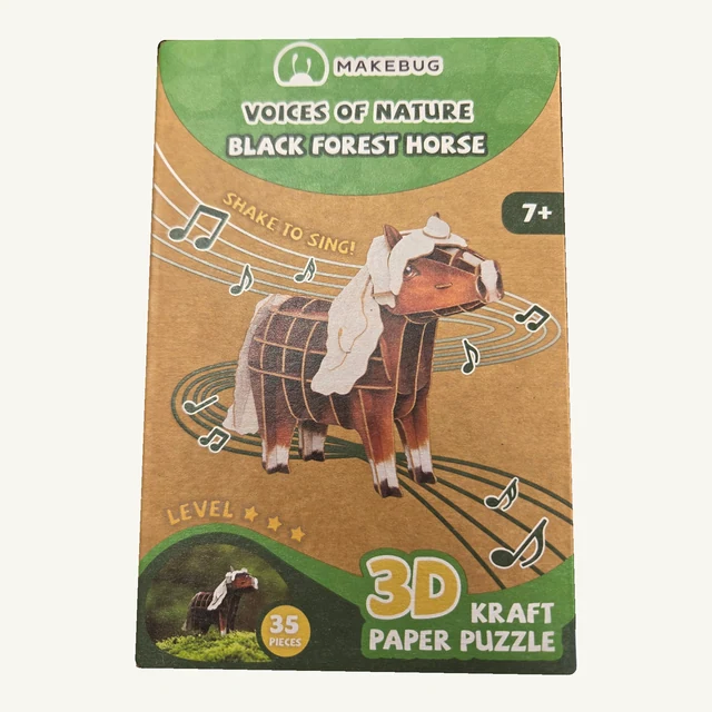 Retail box of the Makebug Black Forest Horse 3D puzzle kit