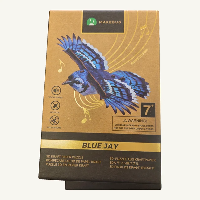 Retail box of the Makebug Blue Jay 3D puzzle kit