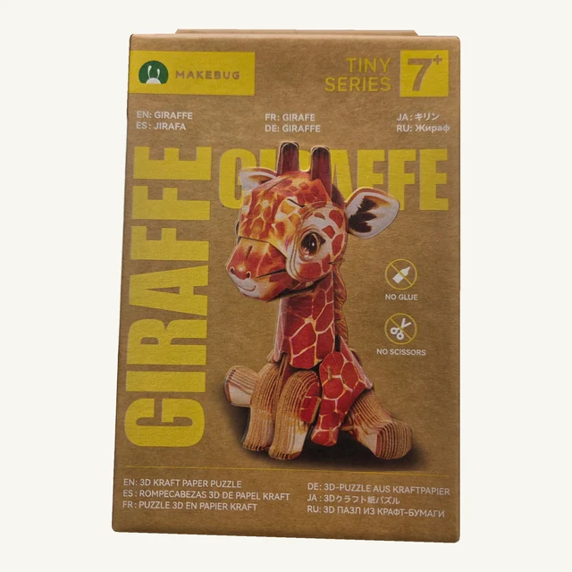 Retail box of the Makebug Tiny Animals Giraffe 3D puzzle kit