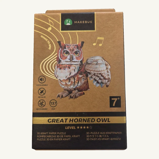 Retail box of the Makebug Great Horned Owl 3D puzzle kit
