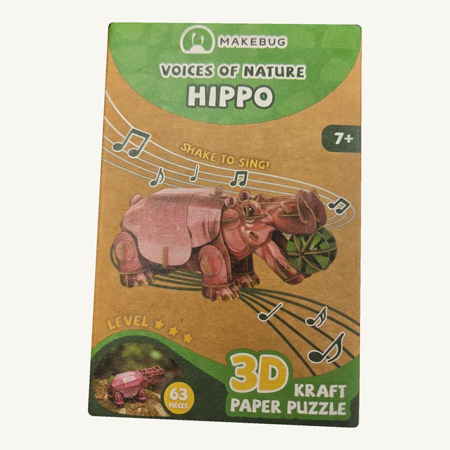 Retail box of the Makebug Hippo 3D puzzle kit