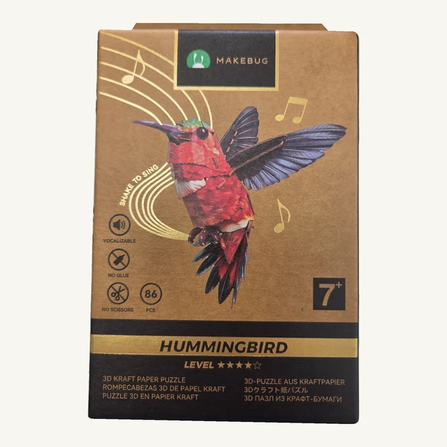 Retail box of the Makebug Hummingbird 3D puzzle kit