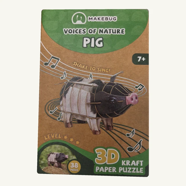 Retail box of the Makebug Pig 3D puzzle kit
