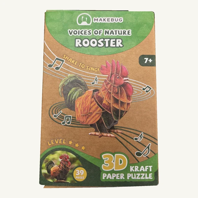 Retail box of the Makebug Rooster 3D puzzle kit