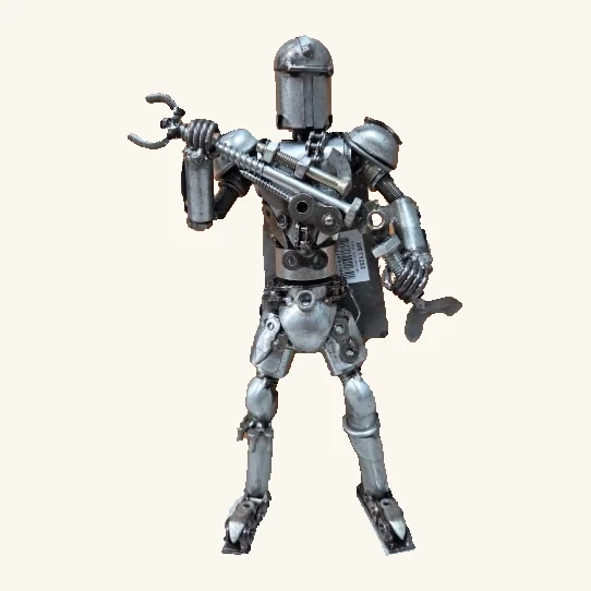 Mandalorian-inspired standing metal sculpture with helmet, cape and forked weapon