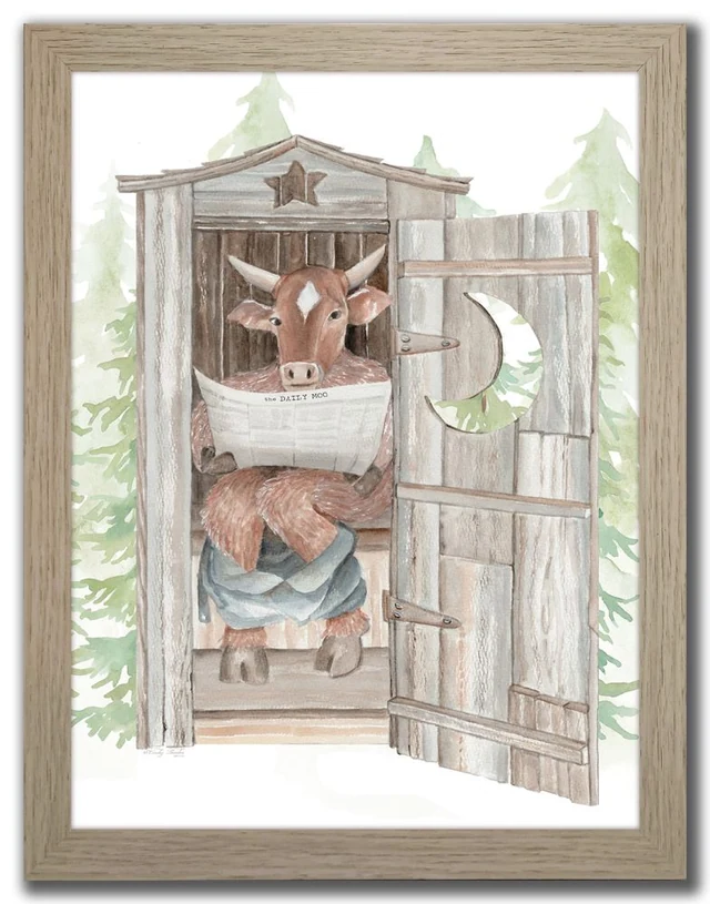 Moo-s Paper Break framed bathroom artwork with a cow seated in an outhouse reading The Daily Moo