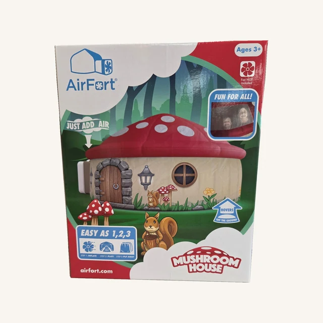 Complete retail box of the Mushroom House AirFort Play Fort with its original design and printing.