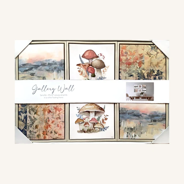Mushroom Meadow — Set of Six. Mushrooms, foliage and soft landscape scenes create a warm woodland mood across six coordinating pieces.