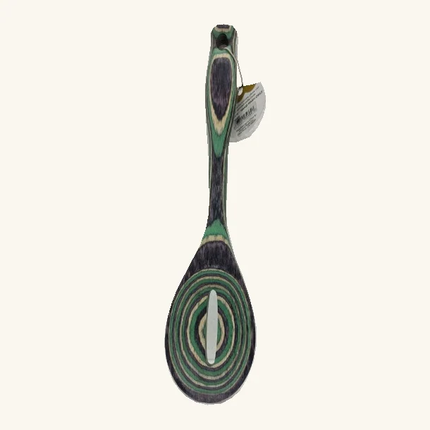 Complete Mystic 12-inch slotted spoon with one elongated central opening and green, purple and cream bands, retaining its original attached supplier tag and string