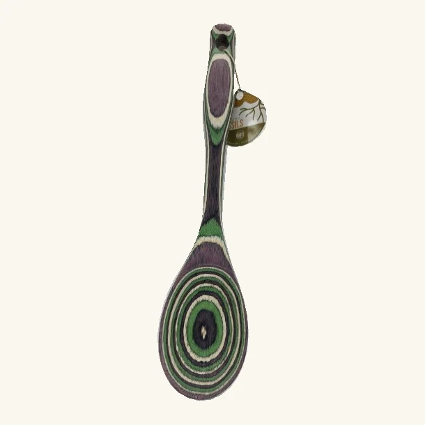 Complete Mystic 12-inch solid-bowl spoon with green, purple and cream bands, retaining its original attached round supplier tag and string