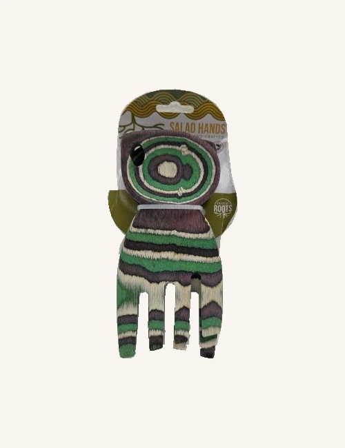 Mystic six-inch wooden salad-hand pair stacked on its original printed card with securing ties and purple, green, cream and dark grain
