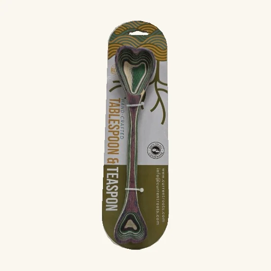 Complete green purple and cream Mystic double-ended measuring spoon on its original display card with both ties