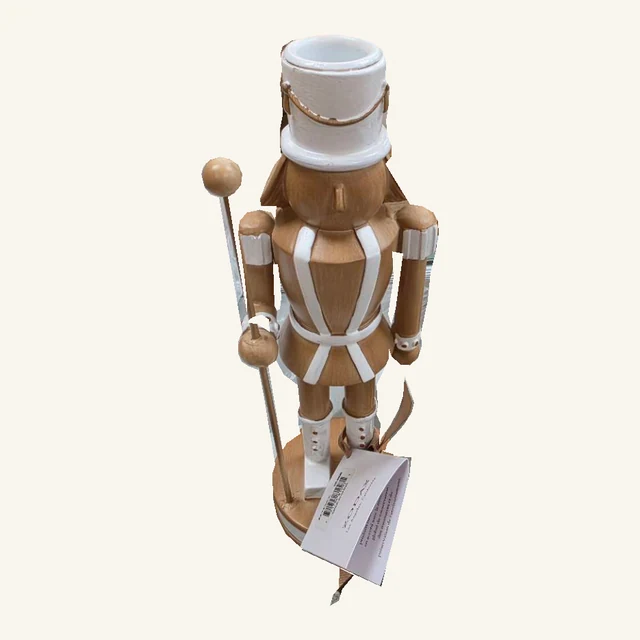 Complete natural-and-white nutcracker taper holder with empty cup, staff, round base, original paper tag and ties