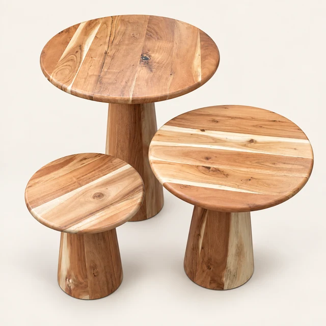 Natural Wood Mushroom Accent Tables — Set of Three