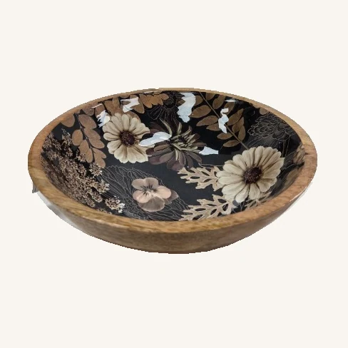 One Nature Collage decorative bowl with a dark floral interior and warm wood-toned rim