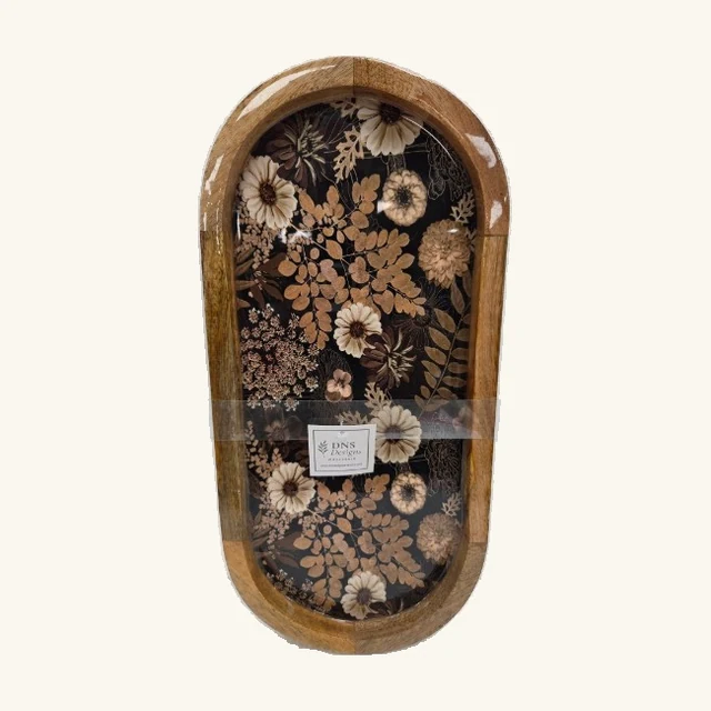 Complete Nature Collage oval tray with a wood-look rim and cream-and-tan floral artwork on black, retaining its genuine DNS label and clear packing band