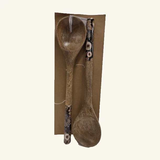 Complete Nature Collage pair of two solid-bowl serving spoons with dark floral handles and original backing card