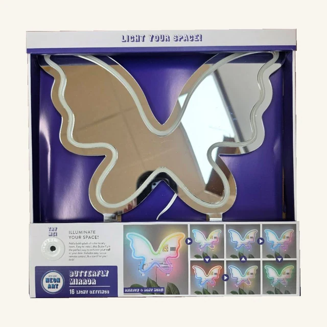 Butterfly Mirror with RGB Lights. Bring a playful accent to a bedroom or favorite corner with this butterfly-shaped mirror and RGB lighting.