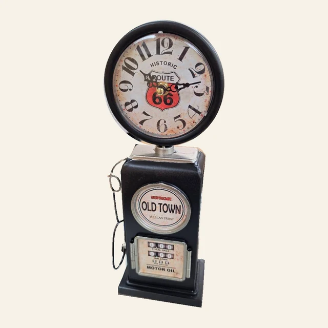 Black Old Town gas-pump-style table clock with Route 66 dial, cream face, motor-oil graphic, hose detail, and rectangular base.