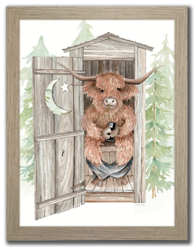 Outhouse Unplugged artwork showing a Highland cow holding a phone in a rustic outhouse, with the complete light wood-tone frame visible