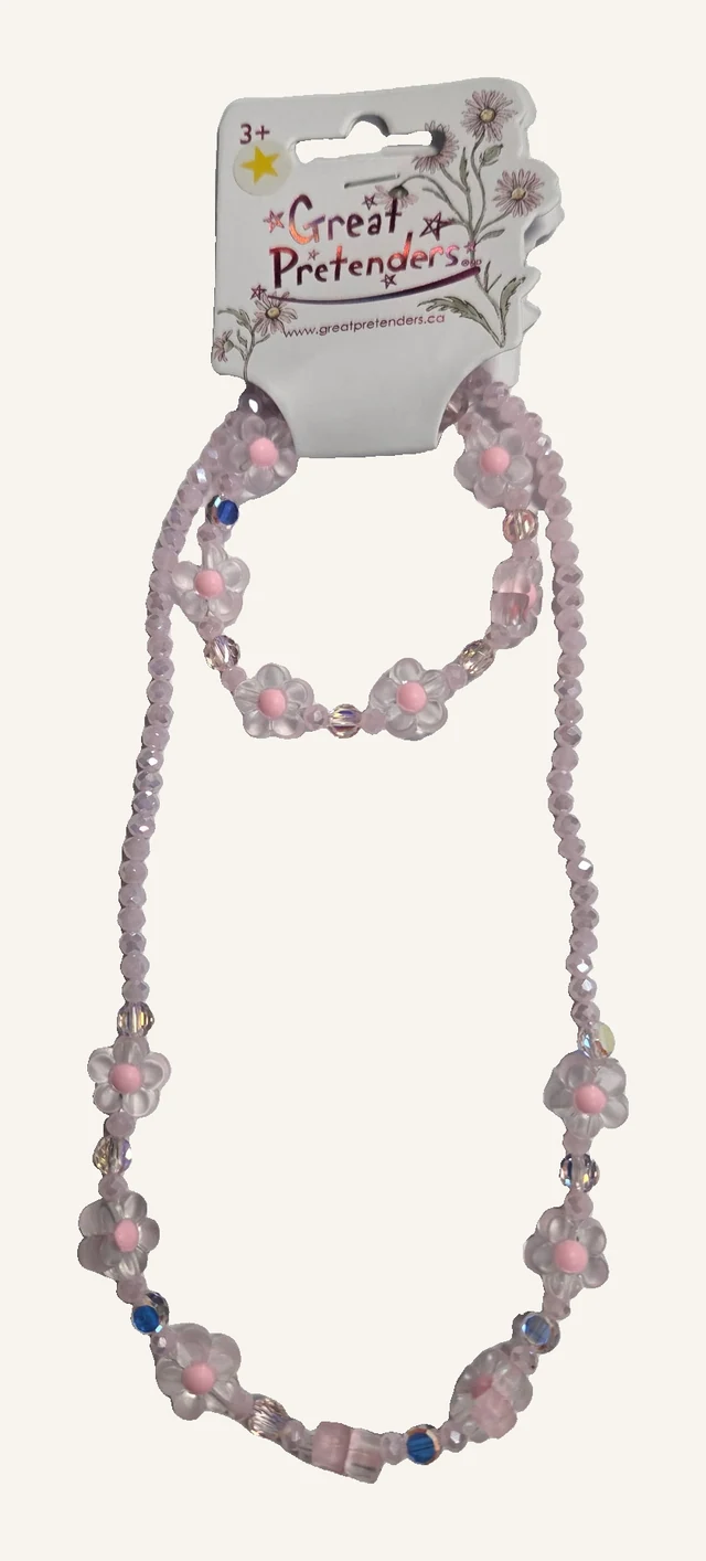 Actual Pink Crystal Blooms necklace and bracelet with pink beads and clear flower shapes