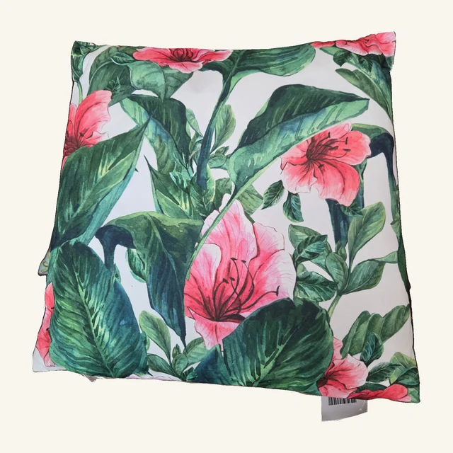 Pink Floral Outdoor Pillow with the photographed fabric pattern and complete pillow visible