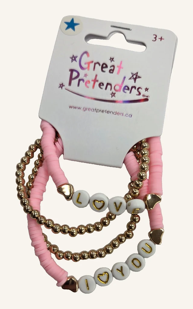 Actual Pink Love four-bracelet card with pink discs, gold-tone beads and lettered details