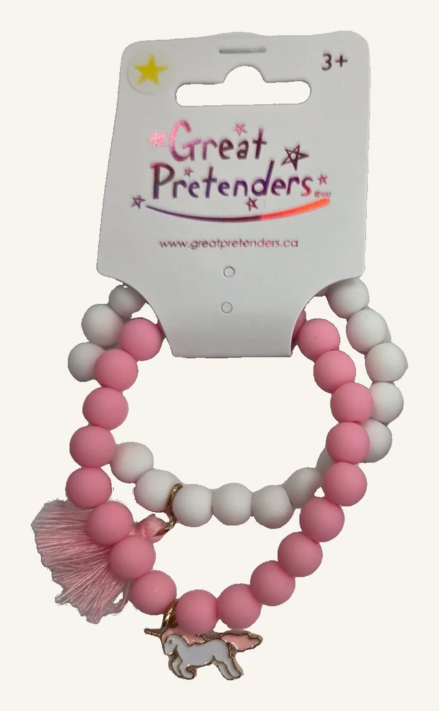 One actual Pretty Pastel retail card with two pink-and-white beaded bracelets, a unicorn charm and pink tassel.