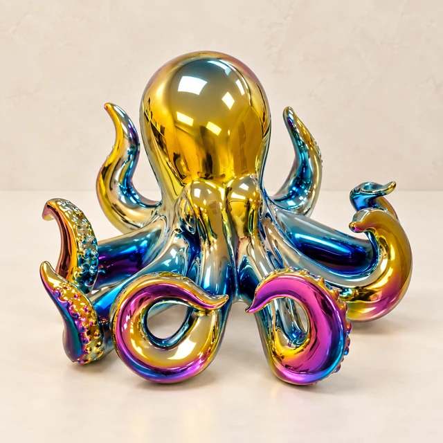 Low wide ceramic octopus with eight curled arms and a reflective gold, blue and magenta rainbow finish