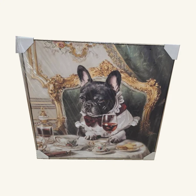Regal Indulgence II. A French bulldog dressed for dinner brings a playful twist to an ornate dining-room scene.