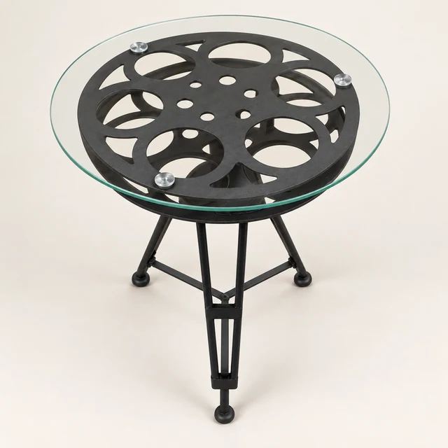 Round Film-Reel Glass Accent Table — 15 × 25 Inch