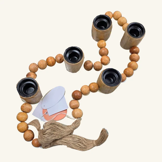 Brown wood-bead garland with five candle cups, black inserts, two jute tassels and original attached tags