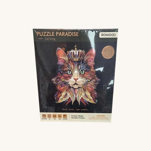 Complete retail box of the Cat King — 200-Piece Wooden Puzzle, with its original printed artwork and model details.